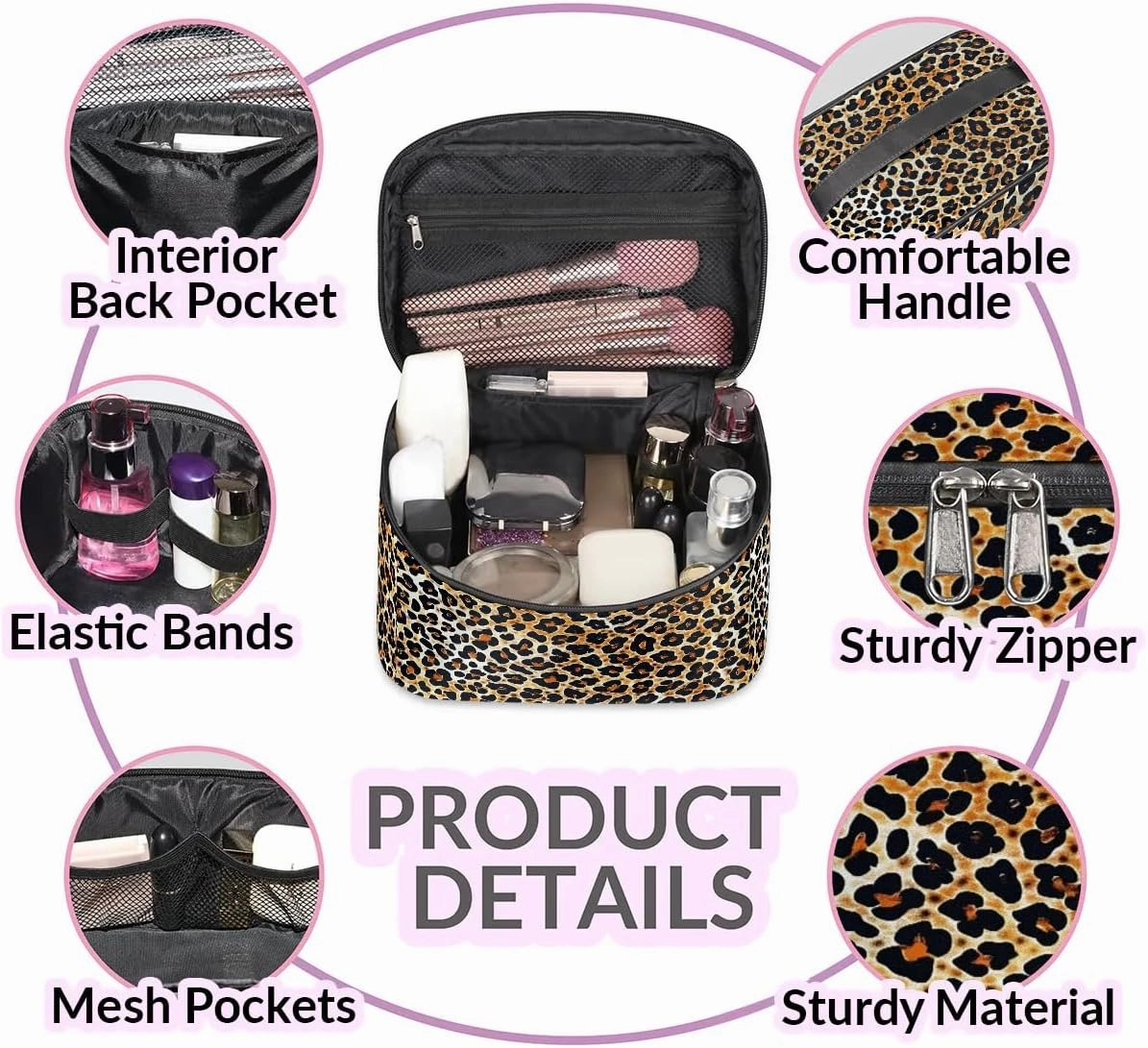 Makeup Bag Large Beautiful Leopard Print Toiletry Bag for Women Travel Cosmetic Bag Portable Makeup Bag for Bottles Brushes Lipstick Skin Care