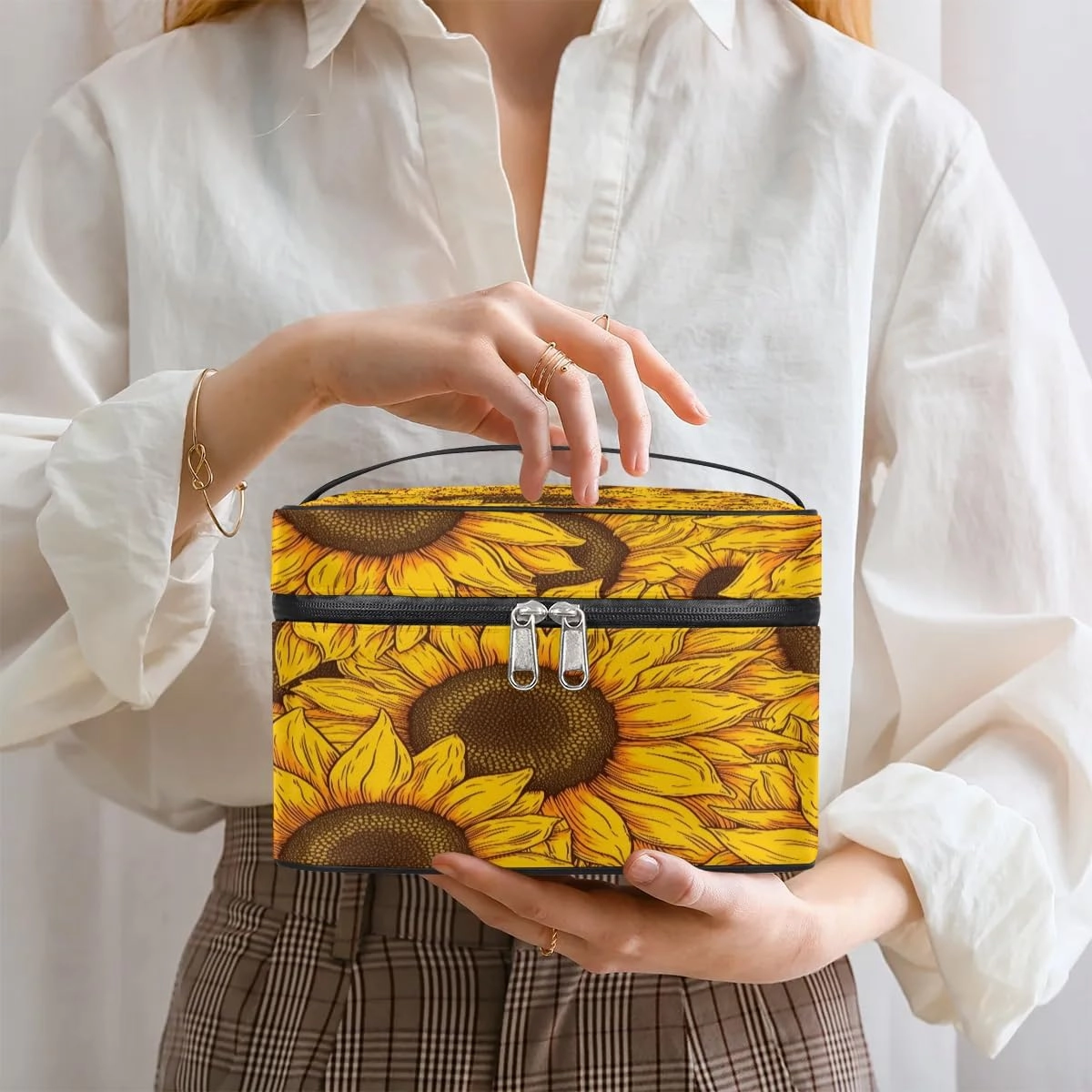 Makeup Bag Large Floral Sunflowers Toiletry Bag for Women Travel Cosmetic Bag Portable Makeup Bag for Bottles Brushes Lipstick Skin Care