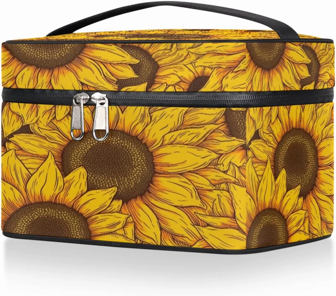 Makeup Bag Large Floral Sunflowers Toiletry Bag for Women Travel Cosmetic Bag Portable Makeup Bag for Bottles Brushes Lipstick Skin Care