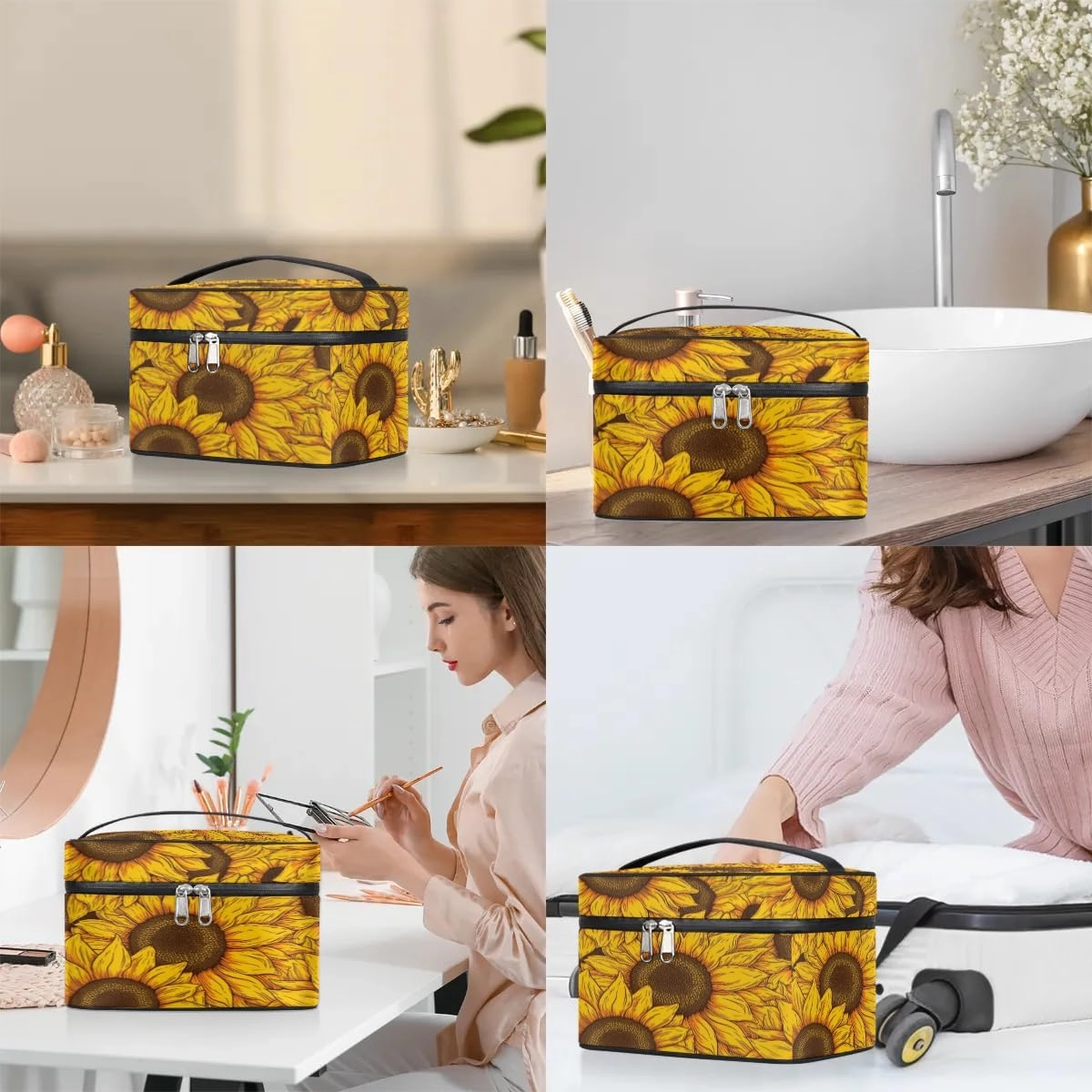 Makeup Bag Large Floral Sunflowers Toiletry Bag for Women Travel Cosmetic Bag Portable Makeup Bag for Bottles Brushes Lipstick Skin Care