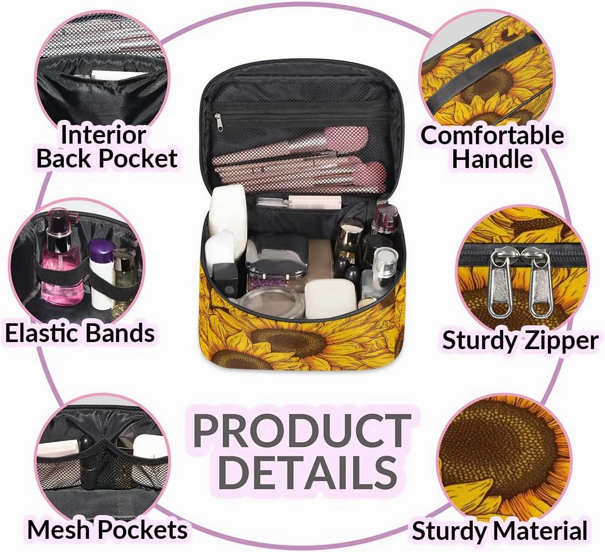 Makeup Bag Large Floral Sunflowers Toiletry Bag for Women Travel Cosmetic Bag Portable Makeup Bag for Bottles Brushes Lipstick Skin Care