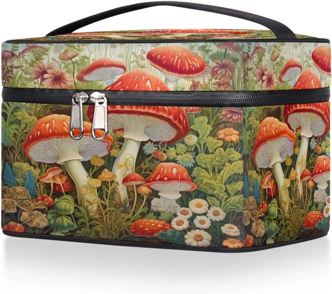Makeup Bag Large Flower Mushroom Toiletry Bag for Women Travel Cosmetic Bag Portable Makeup Bag for Bottles Brushes Lipstick Skin Care