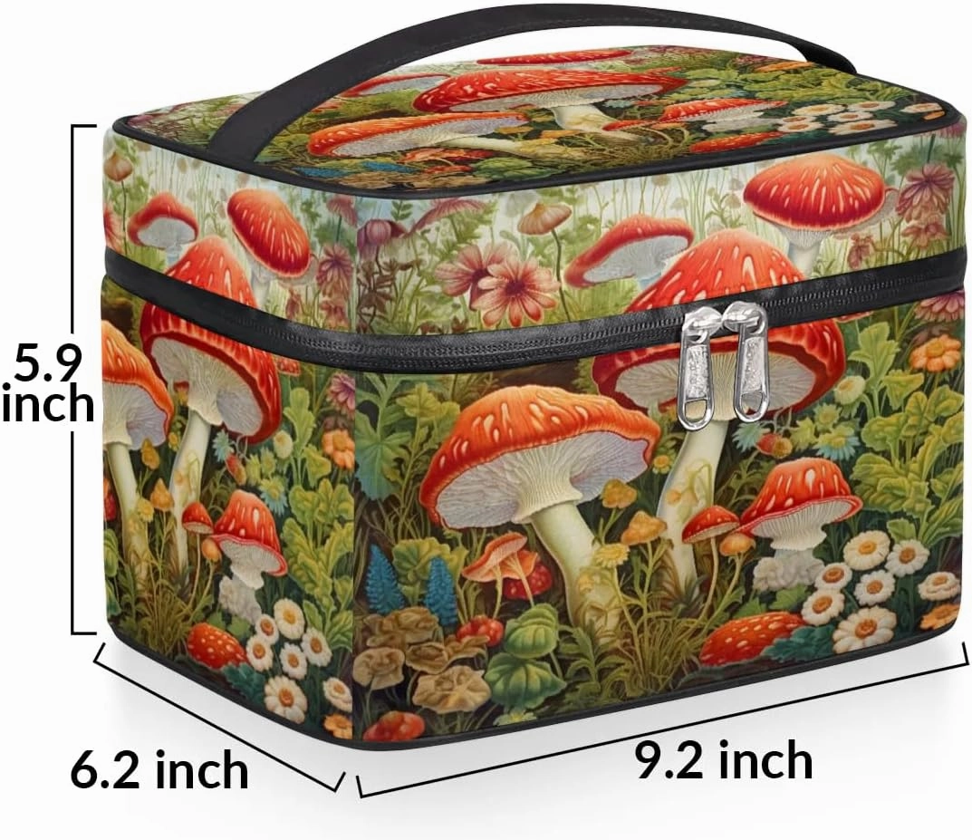 Makeup Bag Large Flower Mushroom Toiletry Bag for Women Travel Cosmetic Bag Portable Makeup Bag for Bottles Brushes Lipstick Skin Care