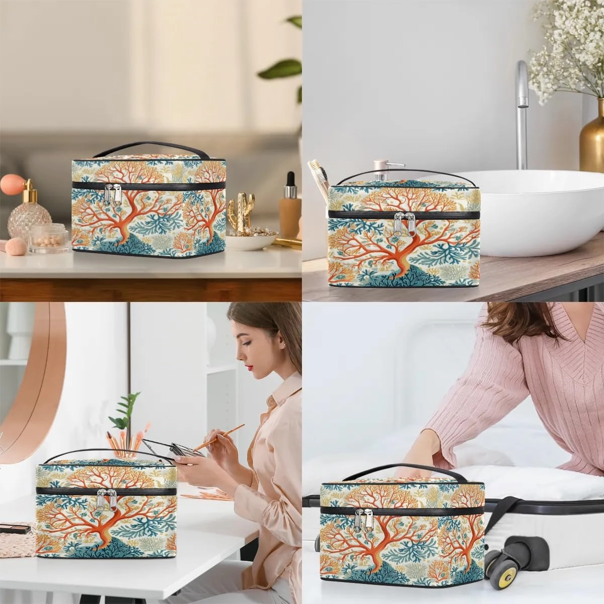 Makeup Bag Large Tropical Corals Toiletry Bag for Women Travel Cosmetic Bag Portable Makeup Bag for Bottles Brushes Lipstick Skin Care