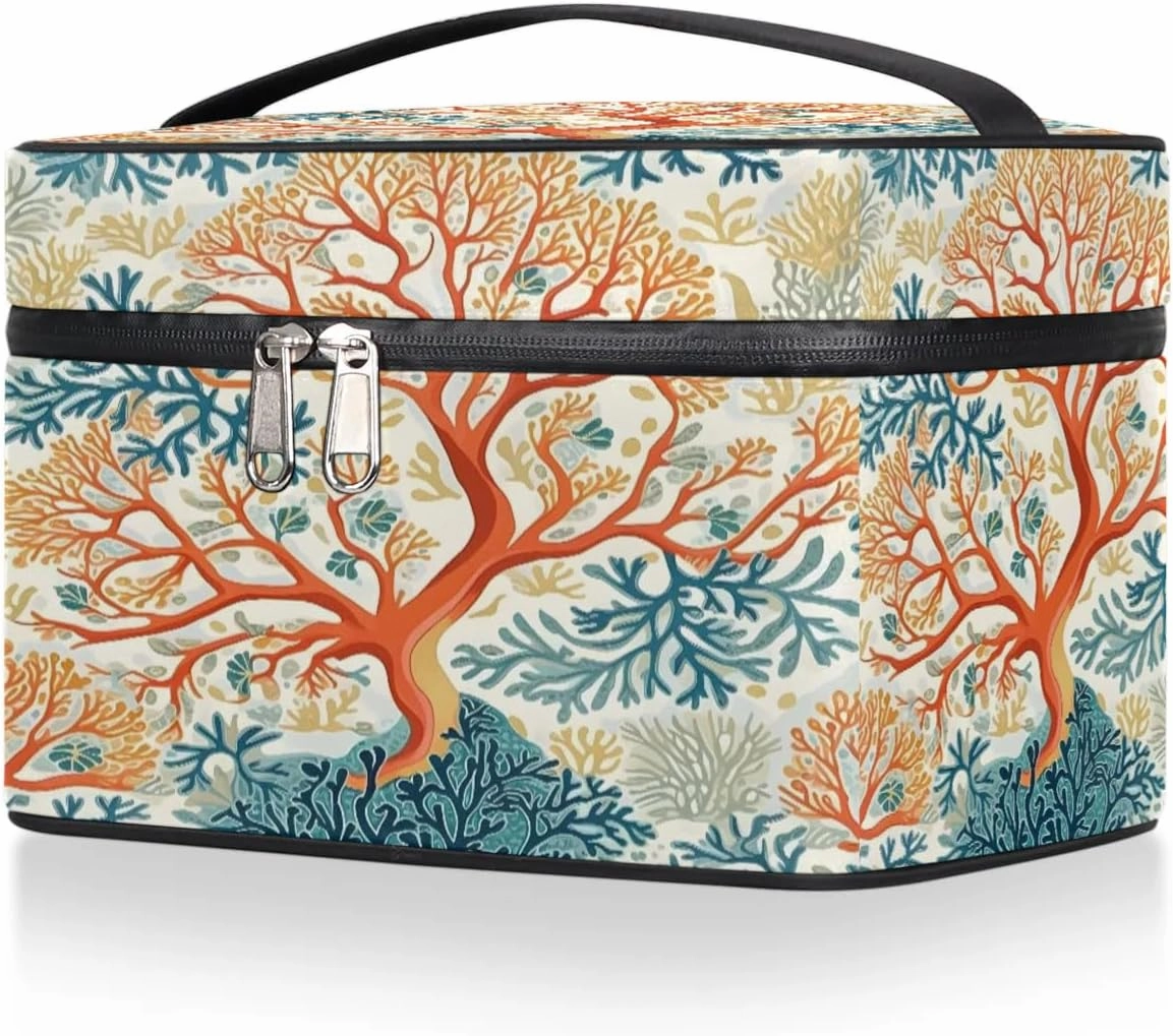 Makeup Bag Large Tropical Corals Toiletry Bag for Women Travel Cosmetic Bag Portable Makeup Bag for Bottles Brushes Lipstick Skin Care