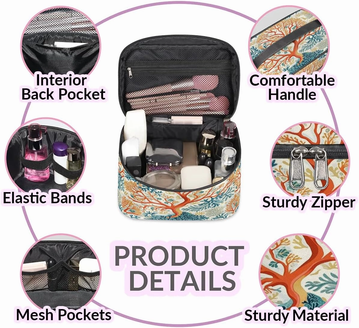 Makeup Bag Large Tropical Corals Toiletry Bag for Women Travel Cosmetic Bag Portable Makeup Bag for Bottles Brushes Lipstick Skin Care