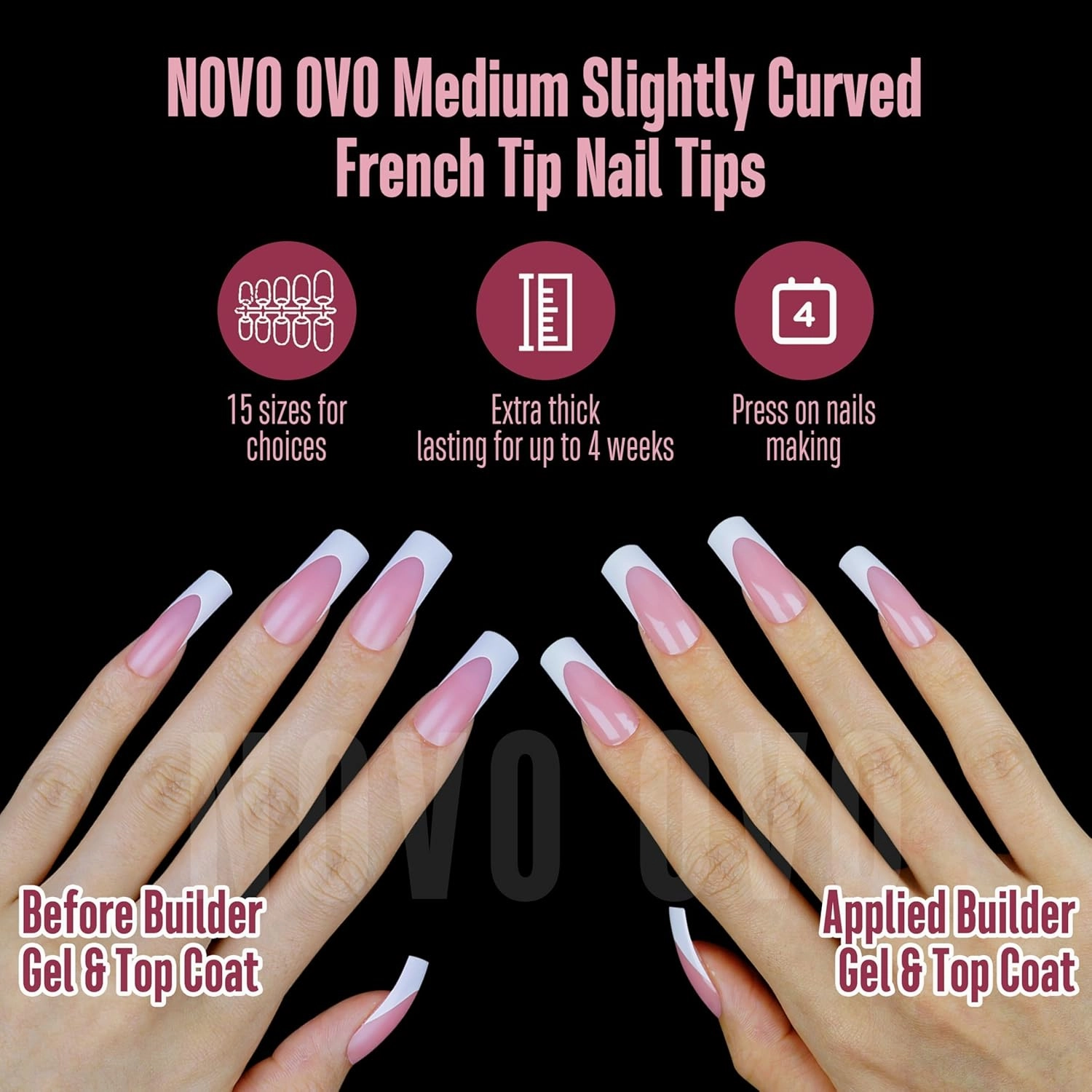 Medium Slightly Curved White French Tip Nail Tips BERRY PINK Full Cover for Press on Acrylic, Extra Thick M Soft Gel False Nail, need Builder Gel Top Coat, no Glue included x 15 Sizes 240 pc