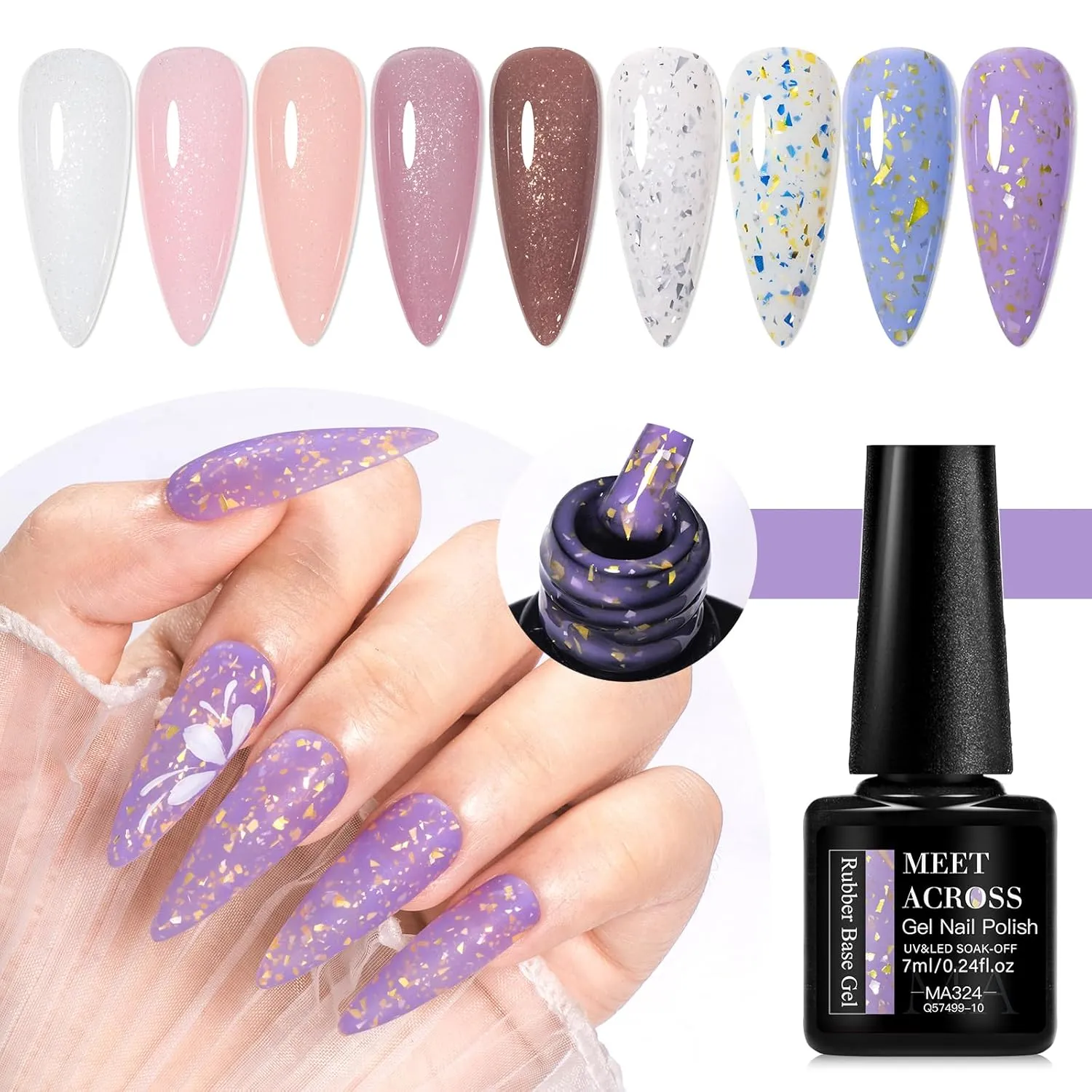MEET ACROSS Rubber Base Gel For Nails, Shimmer Nude Gel Nail Polish Gold Foil Nail Strengthen/Enhance/Base Coat/Color Gel Polish with Super Top Coat, Prep Dehydrator and Nail Primer 12PCS
