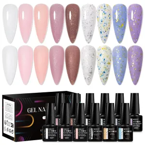 MEET ACROSS Rubber Base Gel For Nails, Shimmer Nude Gel Nail Polish Gold Foil Nail Strengthen/Enhance/Base Coat/Color Gel Polish with Super Top Coat, Prep Dehydrator and Nail Primer 12PCS