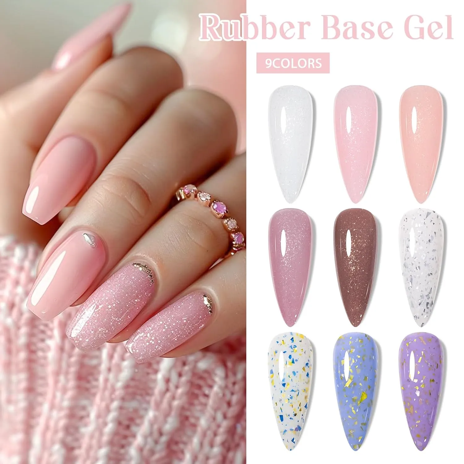 MEET ACROSS Rubber Base Gel For Nails, Shimmer Nude Gel Nail Polish Gold Foil Nail Strengthen/Enhance/Base Coat/Color Gel Polish with Super Top Coat, Prep Dehydrator and Nail Primer 12PCS