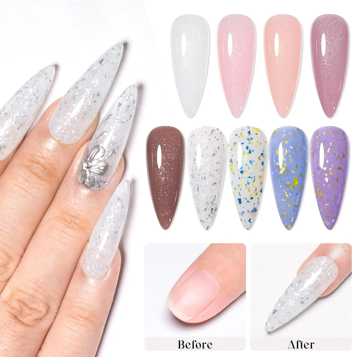 MEET ACROSS Rubber Base Gel For Nails, Shimmer Nude Gel Nail Polish Gold Foil Nail Strengthen/Enhance/Base Coat/Color Gel Polish with Super Top Coat, Prep Dehydrator and Nail Primer 12PCS