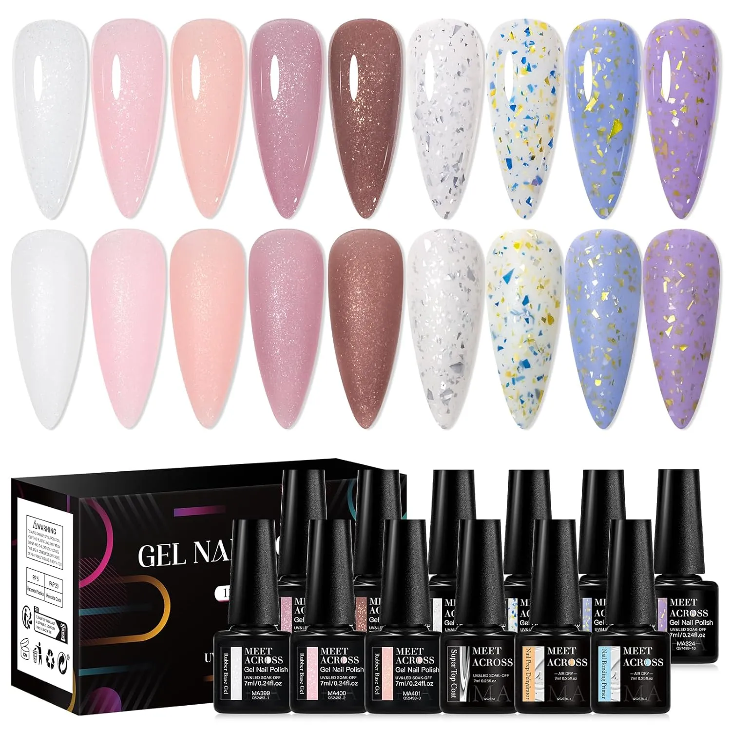 MEET ACROSS Rubber Base Gel For Nails, Shimmer Nude Gel Nail Polish Gold Foil Nail Strengthen/Enhance/Base Coat/Color Gel Polish with Super Top Coat, Prep Dehydrator and Nail Primer 12PCS