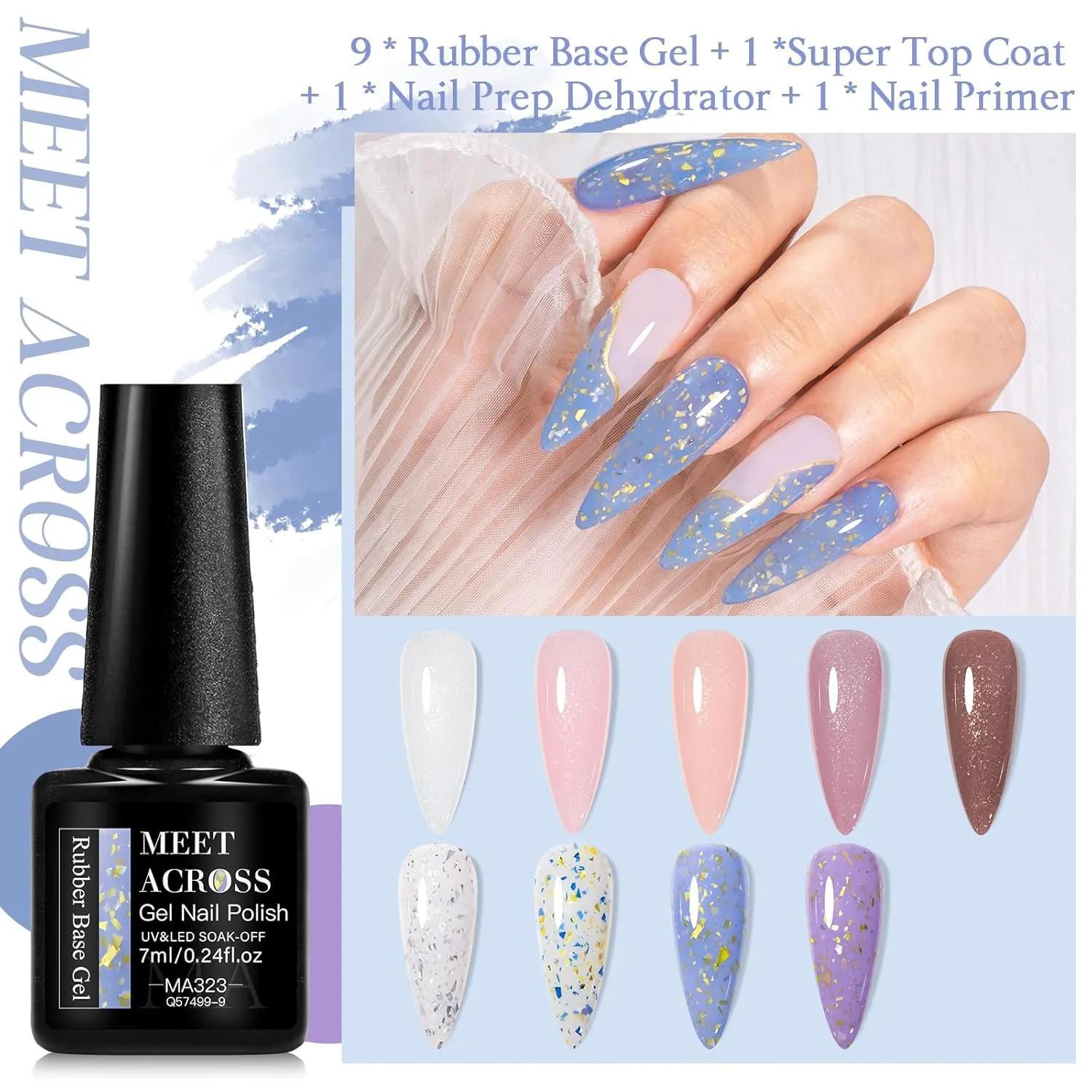 MEET ACROSS Rubber Base Gel For Nails, Shimmer Nude Gel Nail Polish Gold Foil Nail Strengthen/Enhance/Base Coat/Color Gel Polish with Super Top Coat, Prep Dehydrator and Nail Primer 12PCS