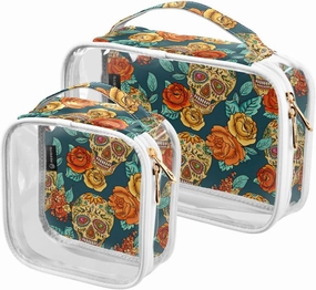 MNSRUU Clear Makeup Bags Skull and Flower Toiletry Bag for Women 2 PCS Waterproof Clear Bags Clear Travel Toiletry Bag Small Cosmetic Makeup Bag, Carry on Airport Airline Compliant Bag