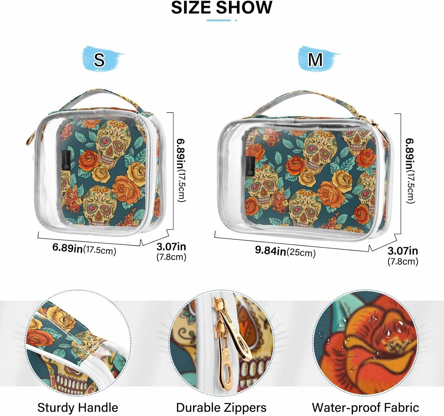 MNSRUU Clear Makeup Bags Skull and Flower Toiletry Bag for Women 2 PCS Waterproof Clear Bags Clear Travel Toiletry Bag Small Cosmetic Makeup Bag, Carry on Airport Airline Compliant Bag