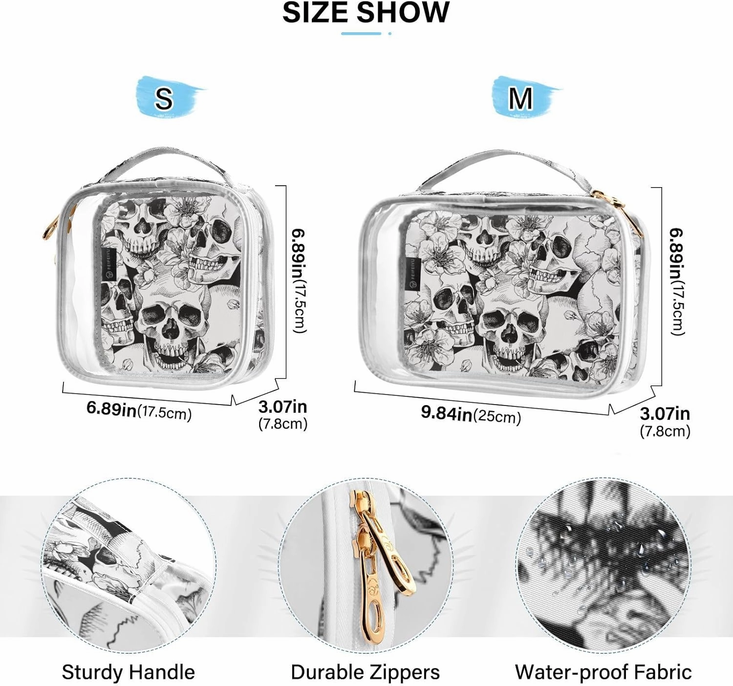 MNSRUU Clear Makeup Bags Skull Floral Toiletry Bag for Women 2 PCS Waterproof Clear Bags Clear Travel Toiletry Bag Small Cosmetic Makeup Bag, Carry on Airport Airline Compliant Bag