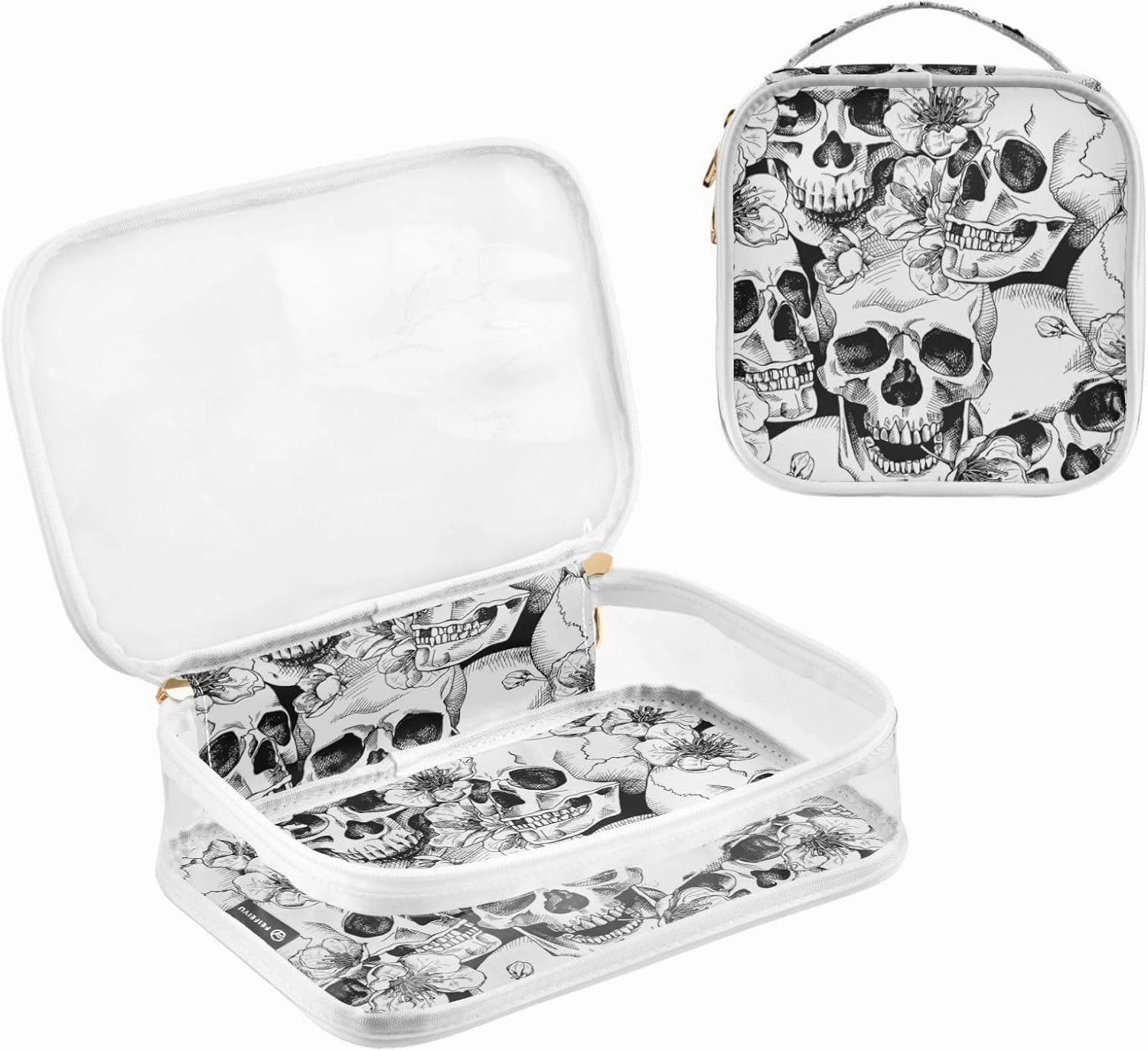MNSRUU Clear Makeup Bags Skull Floral Toiletry Bag for Women 2 PCS Waterproof Clear Bags Clear Travel Toiletry Bag Small Cosmetic Makeup Bag, Carry on Airport Airline Compliant Bag
