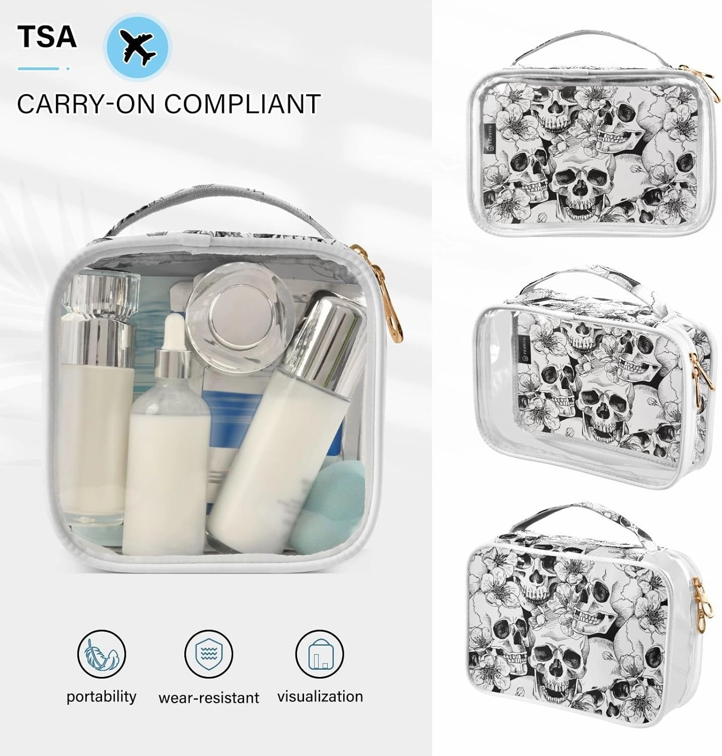 MNSRUU Clear Makeup Bags Skull Floral Toiletry Bag for Women 2 PCS Waterproof Clear Bags Clear Travel Toiletry Bag Small Cosmetic Makeup Bag, Carry on Airport Airline Compliant Bag