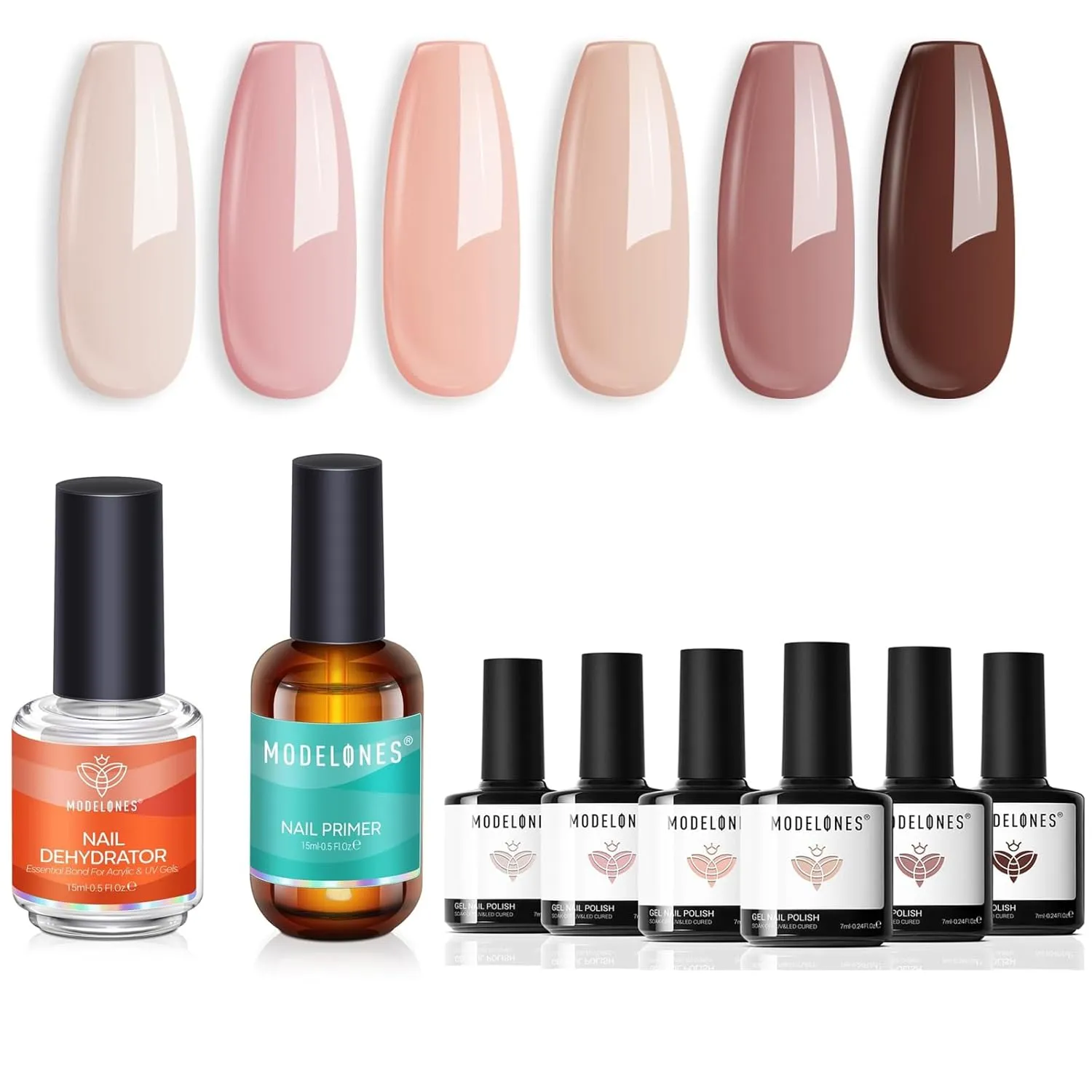 modelones 15 ml Nail Dehydrator and Primer with 6 Pcs Brown Gel Nail Polish, Acid Free Base Coat Natural Prep Dehydrate & Bond Primer Kit, Hema-Free Acrylic Nail Supplies