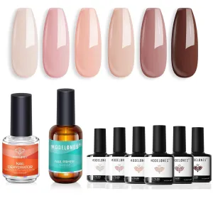 modelones 15 ml Nail Dehydrator and Primer with 6 Pcs Brown Gel Nail Polish, Acid Free Base Coat Natural Prep Dehydrate & Bond Primer Kit, Hema-Free Acrylic Nail Supplies