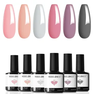 Modelones Gel Polish Nail Kit, 6 Colors 7ml Popular Nude Pink Neutral Blue Glitter Nail Polish Set Nail Art LED Manicure DIY Salon Gifts