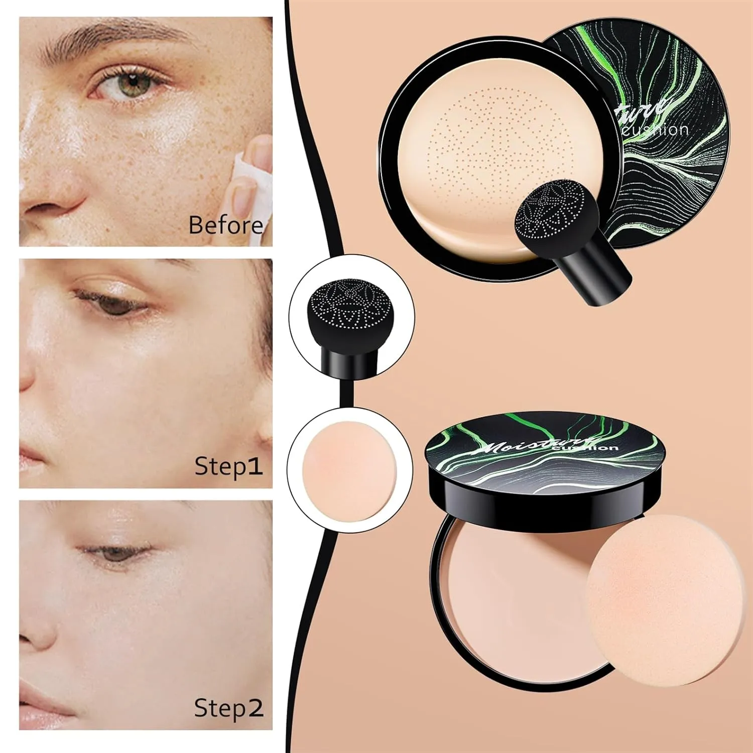 Mushroom Head Air Cushion CC Cream Strong Concealer, Moisturizing BB Cream Makeup Base Primer Even Skin Tone for All Skin Types, Face Makeup Cushion Foundation Long Lasting (Natural Setting Powder)