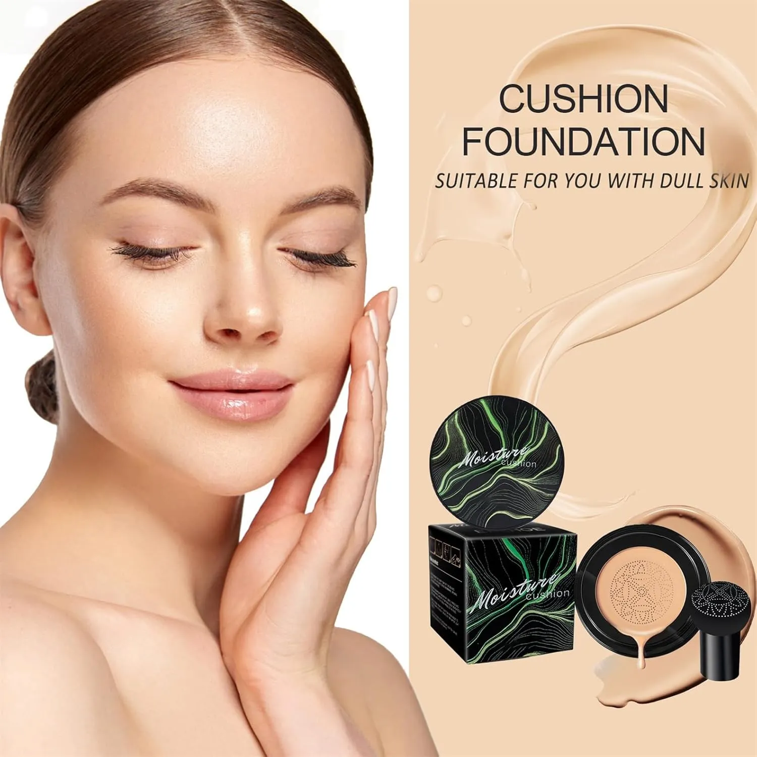Mushroom Head Air Cushion CC Cream Strong Concealer, Moisturizing BB Cream Makeup Base Primer Even Skin Tone for All Skin Types, Face Makeup Cushion Foundation Long Lasting (Natural Setting Powder)