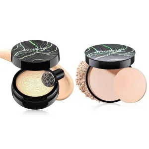 Mushroom Head Air Cushion CC Cream Strong Concealer, Moisturizing BB Cream Makeup Base Primer Even Skin Tone for All Skin Types, Face Makeup Cushion Foundation Long Lasting (Natural Setting Powder)