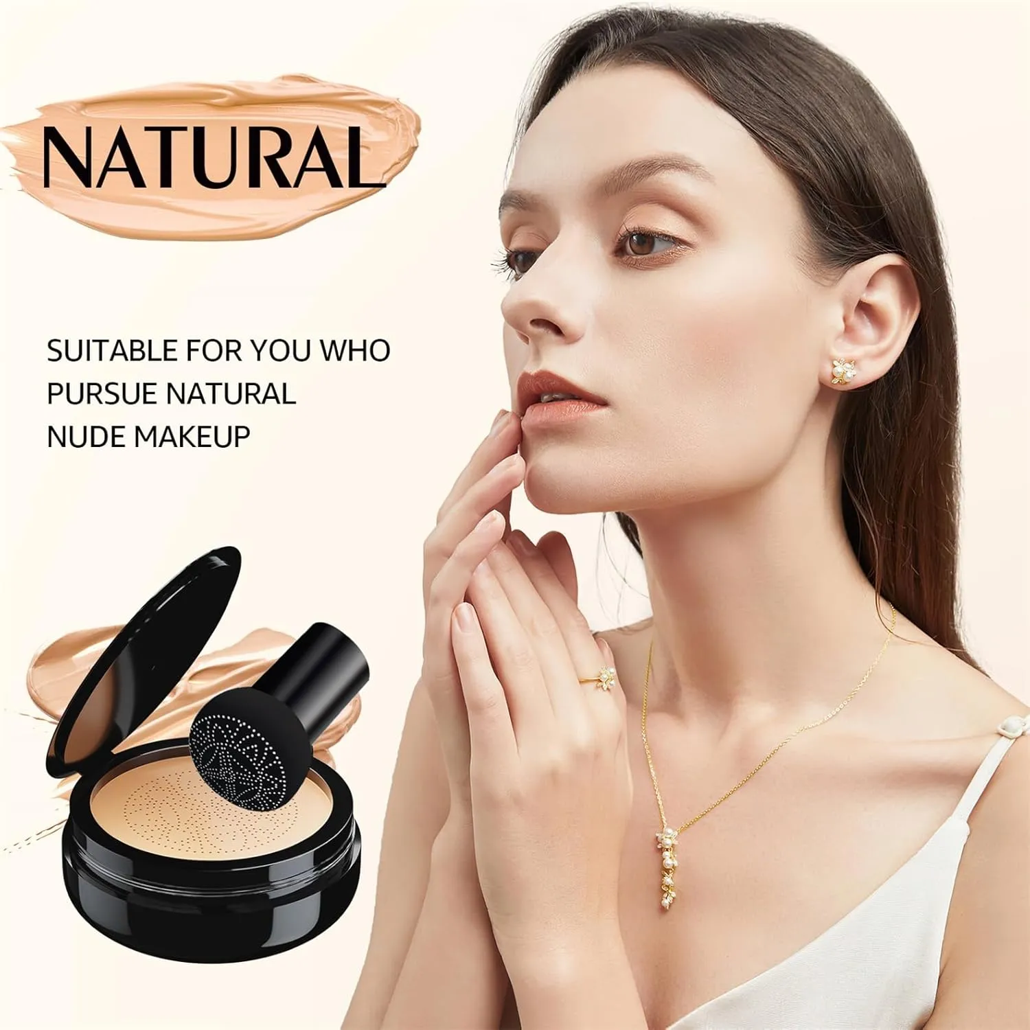 Mushroom Head Air Cushion CC Cream Strong Concealer, Moisturizing BB Cream Makeup Base Primer Even Skin Tone for All Skin Types, Face Makeup Cushion Foundation Long Lasting (Natural Setting Powder)