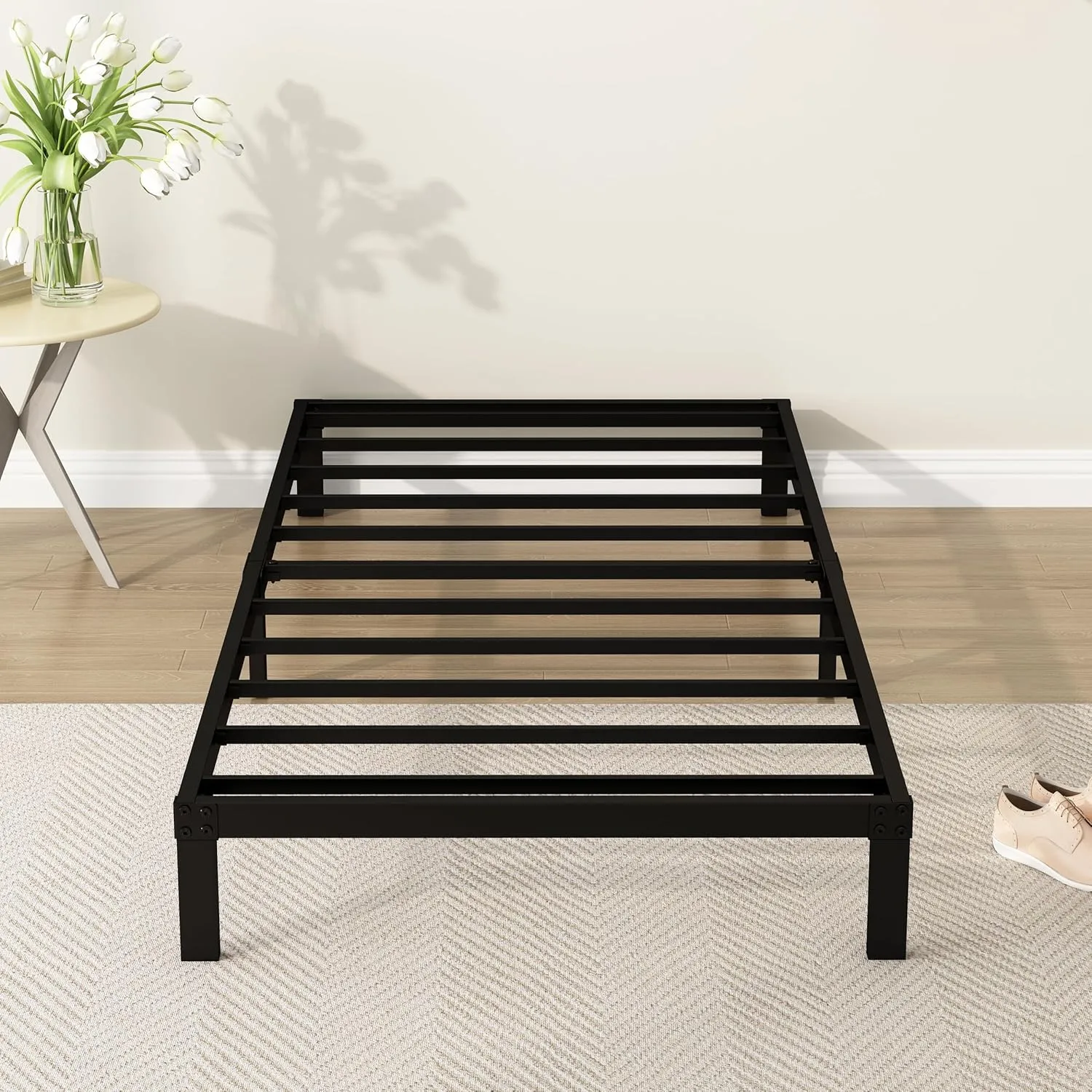 Narrow Twin Bed Frame 9 Inch Heavy Duty Low Profile Metal Platform No Box Spring Needed Mattress Foundation, Easy to Assembly, Noise Free, Black