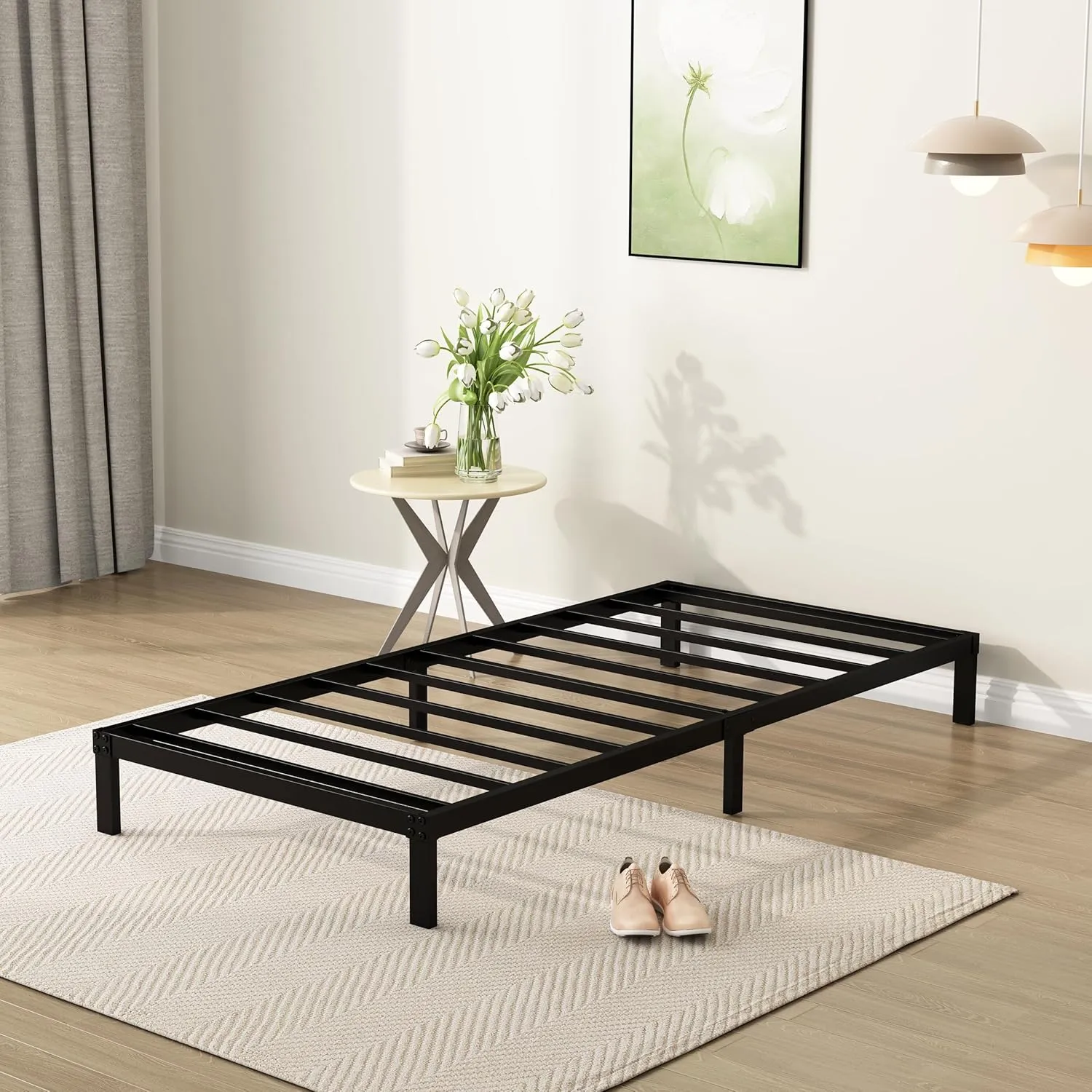 Narrow Twin Bed Frame 9 Inch Heavy Duty Low Profile Metal Platform No Box Spring Needed Mattress Foundation, Easy to Assembly, Noise Free, Black