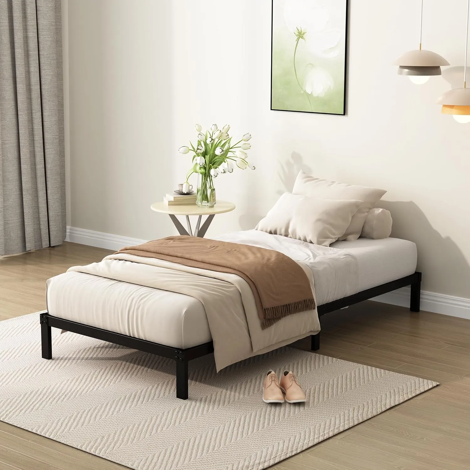 Narrow Twin Bed Frame 9 Inch Heavy Duty Low Profile Metal Platform No Box Spring Needed Mattress Foundation, Easy to Assembly, Noise Free, Black