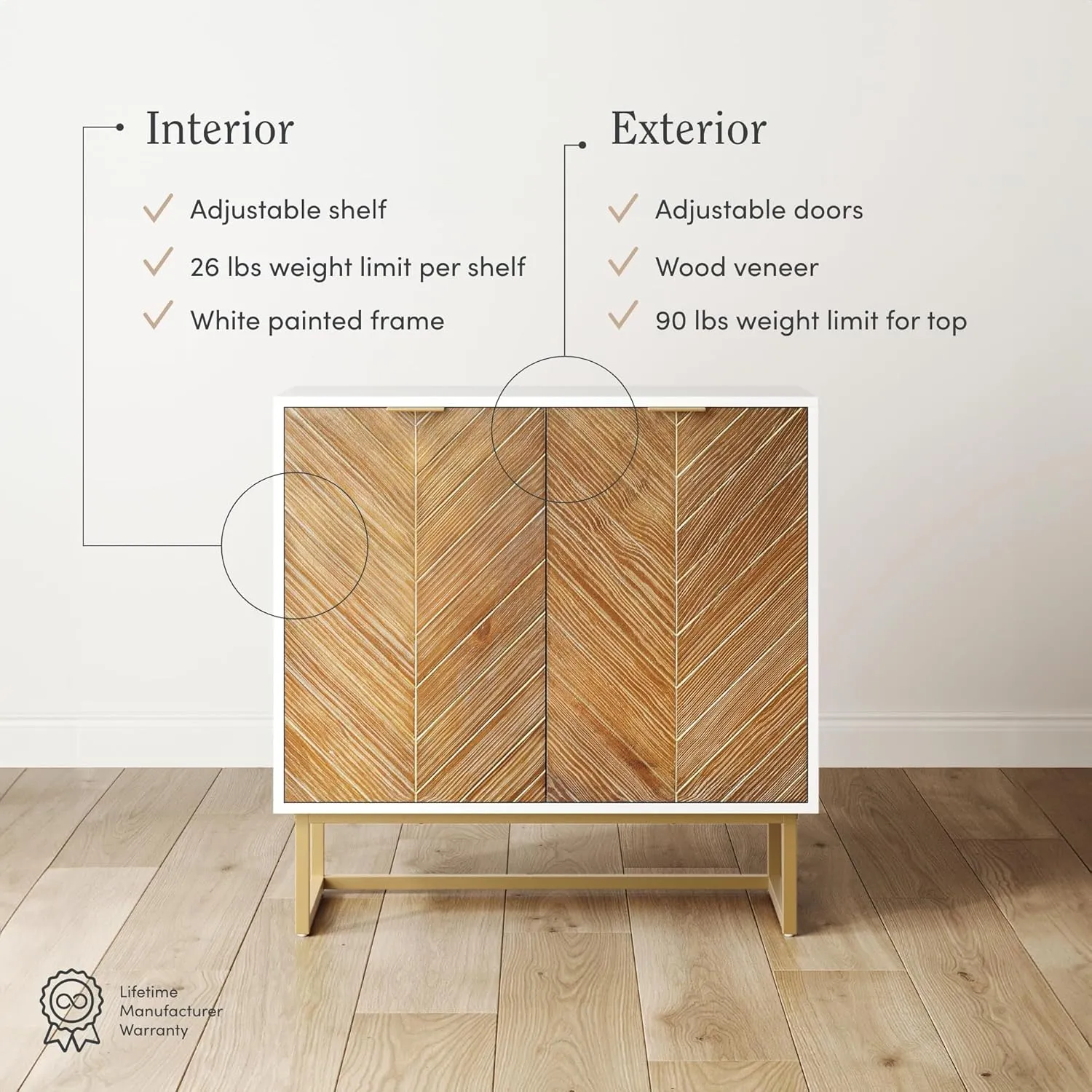 Nathan James Enloe Modern Storage Free Standing Accent Cabinet White with Doors in a Rustic Pine Wood Finish and Gold Powder-coated Metal Base for Hallway, Entryway or Living Room, Brown/White/Gold
