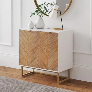 Nathan James Enloe Modern Storage Free Standing Accent Cabinet White with Doors in a Rustic Pine Wood Finish and Gold Powder-coated Metal Base for Hallway, Entryway or Living Room, Brown/White/Gold