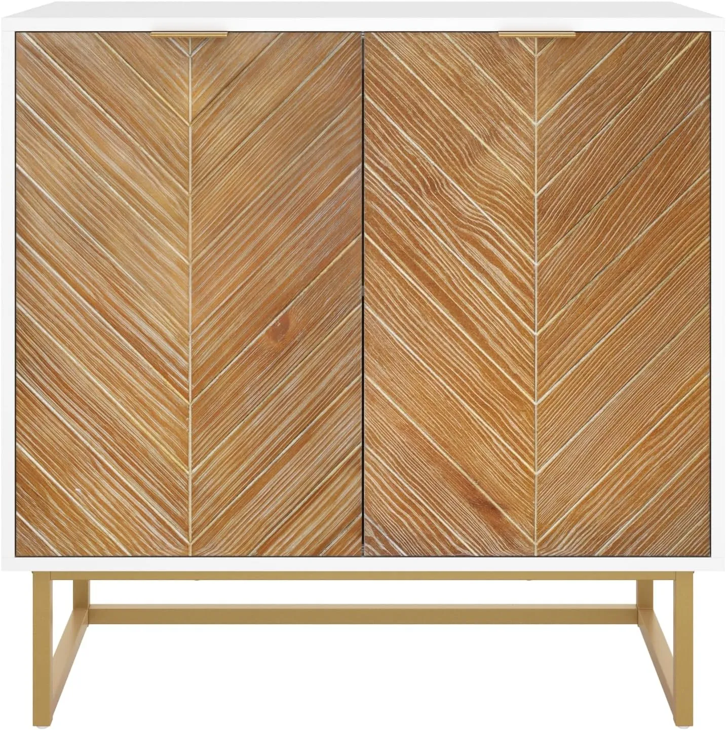 Nathan James Enloe Modern Storage Free Standing Accent Cabinet White with Doors in a Rustic Pine Wood Finish and Gold Powder-coated Metal Base for Hallway, Entryway or Living Room, Brown/White/Gold