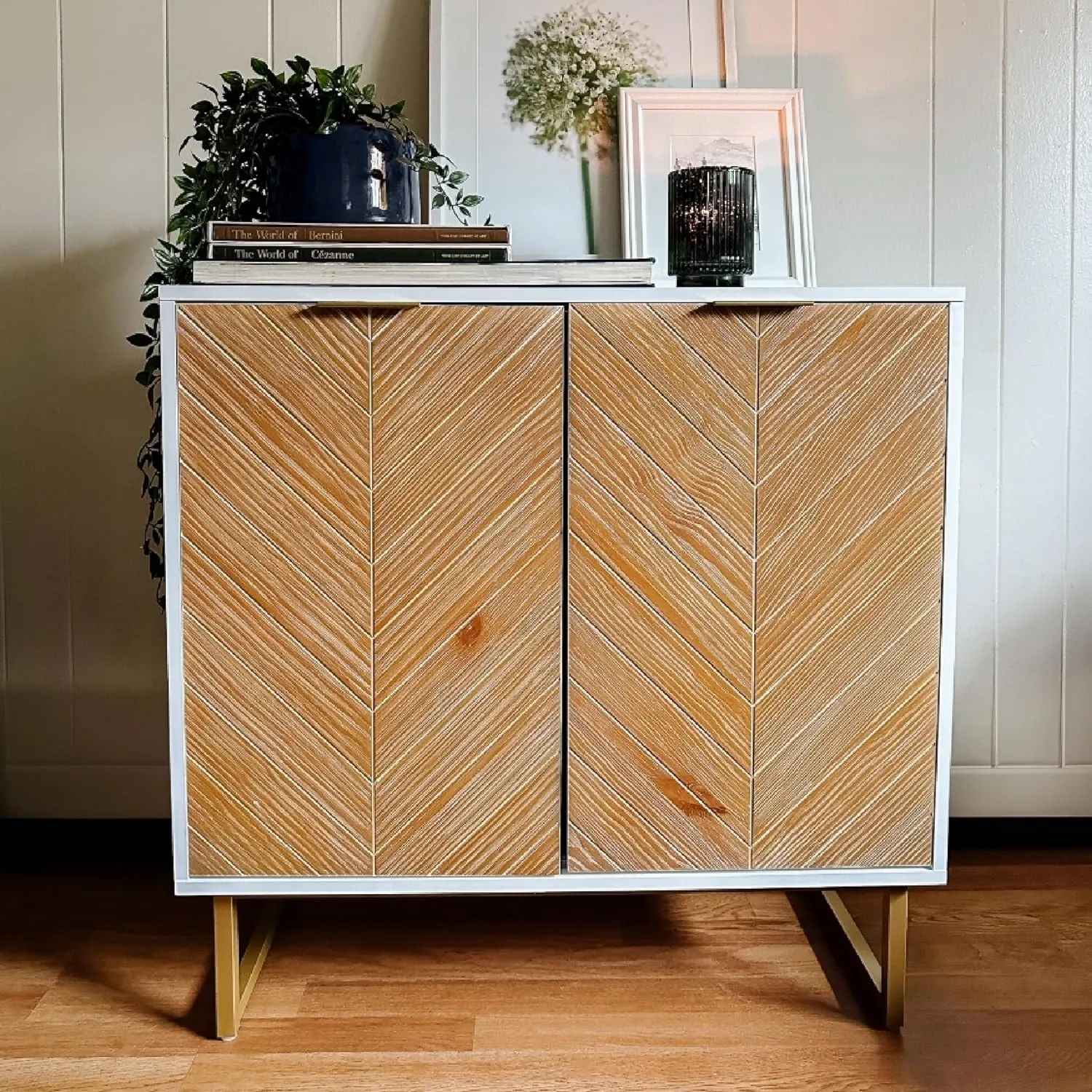 Nathan James Enloe Modern Storage Free Standing Accent Cabinet White with Doors in a Rustic Pine Wood Finish and Gold Powder-coated Metal Base for Hallway, Entryway or Living Room, Brown/White/Gold