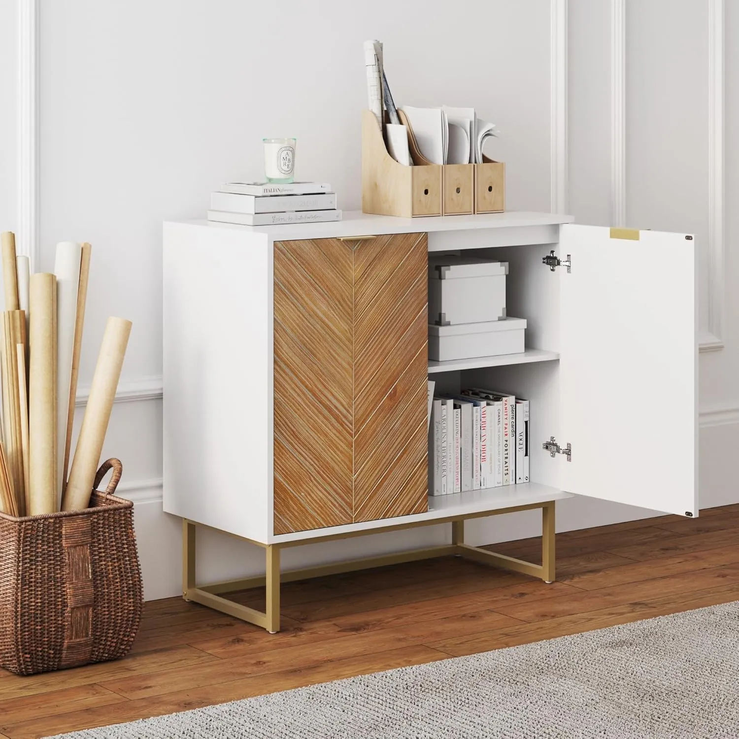Nathan James Enloe Modern Storage Free Standing Accent Cabinet White with Doors in a Rustic Pine Wood Finish and Gold Powder-coated Metal Base for Hallway, Entryway or Living Room, Brown/White/Gold