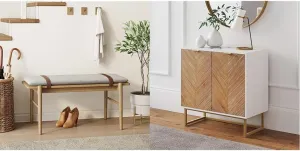 Nathan James Gugan Mid-Century Wood Entryway Bench Seat with Enloe White/Gold Accent Storage Cabinet