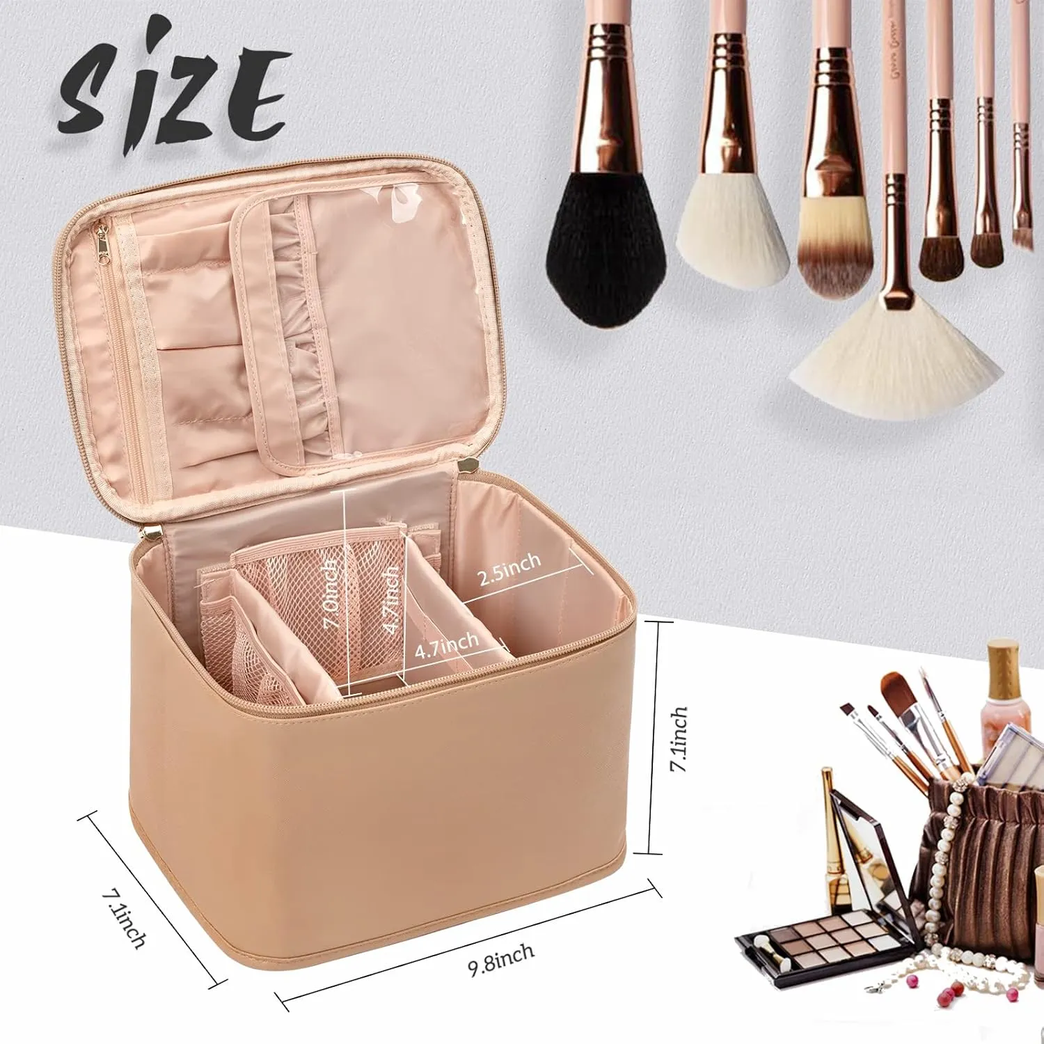 OCHEAL Makeup Bag,Large Travel Bag Organizer Cosmetic Bags for Women Washable Make Up Bag Makeup Organizer Case with Dividers - Large,Beige Apricot
