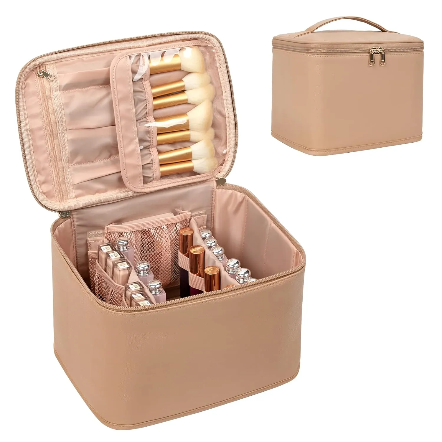 OCHEAL Makeup Bag,Large Travel Bag Organizer Cosmetic Bags for Women Washable Make Up Bag Makeup Organizer Case with Dividers - Large,Beige Apricot