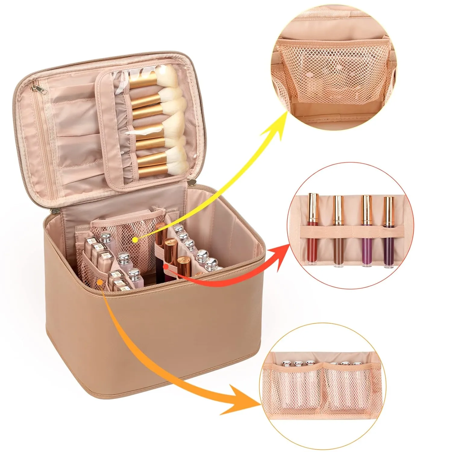 OCHEAL Makeup Bag,Large Travel Bag Organizer Cosmetic Bags for Women Washable Make Up Bag Makeup Organizer Case with Dividers - Large,Beige Apricot