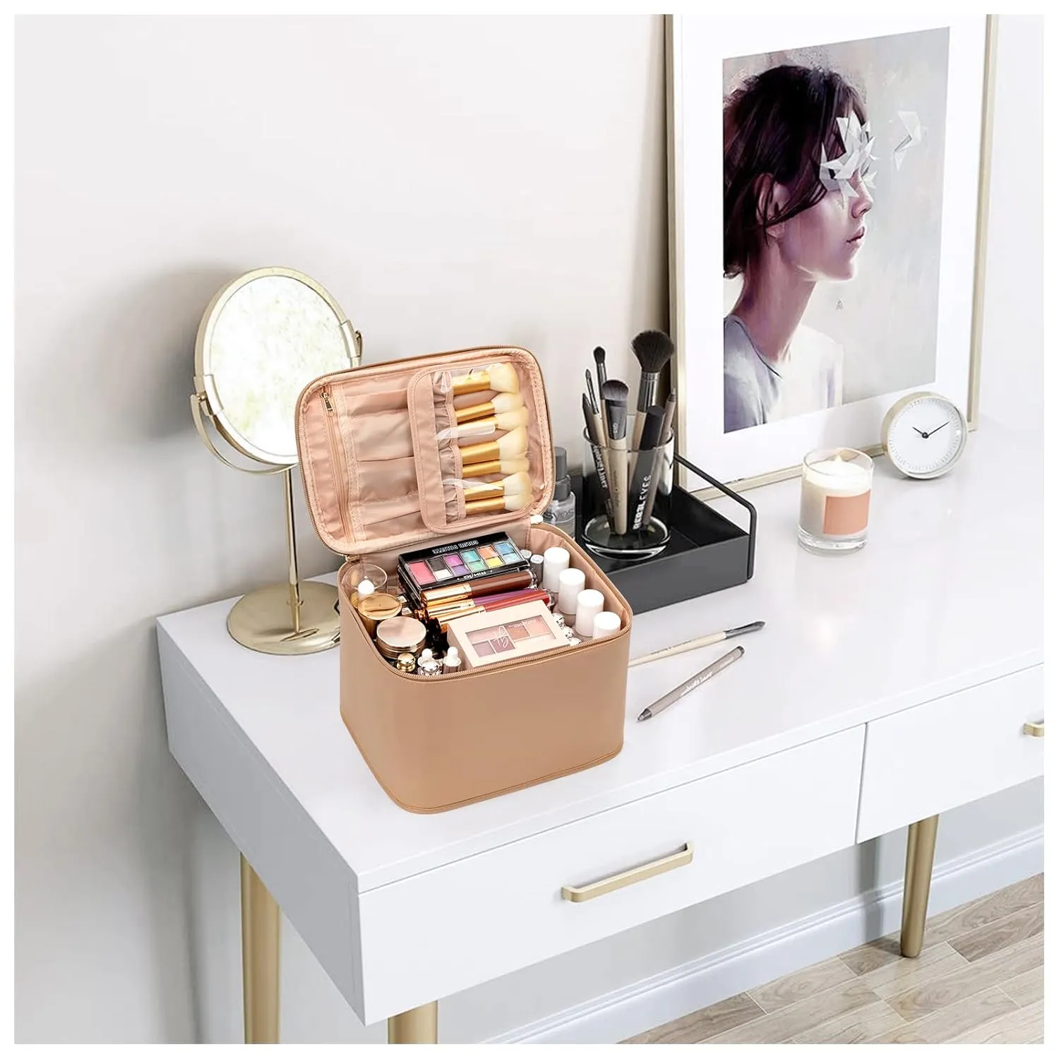 OCHEAL Makeup Bag,Large Travel Bag Organizer Cosmetic Bags for Women Washable Make Up Bag Makeup Organizer Case with Dividers - Large,Beige Apricot