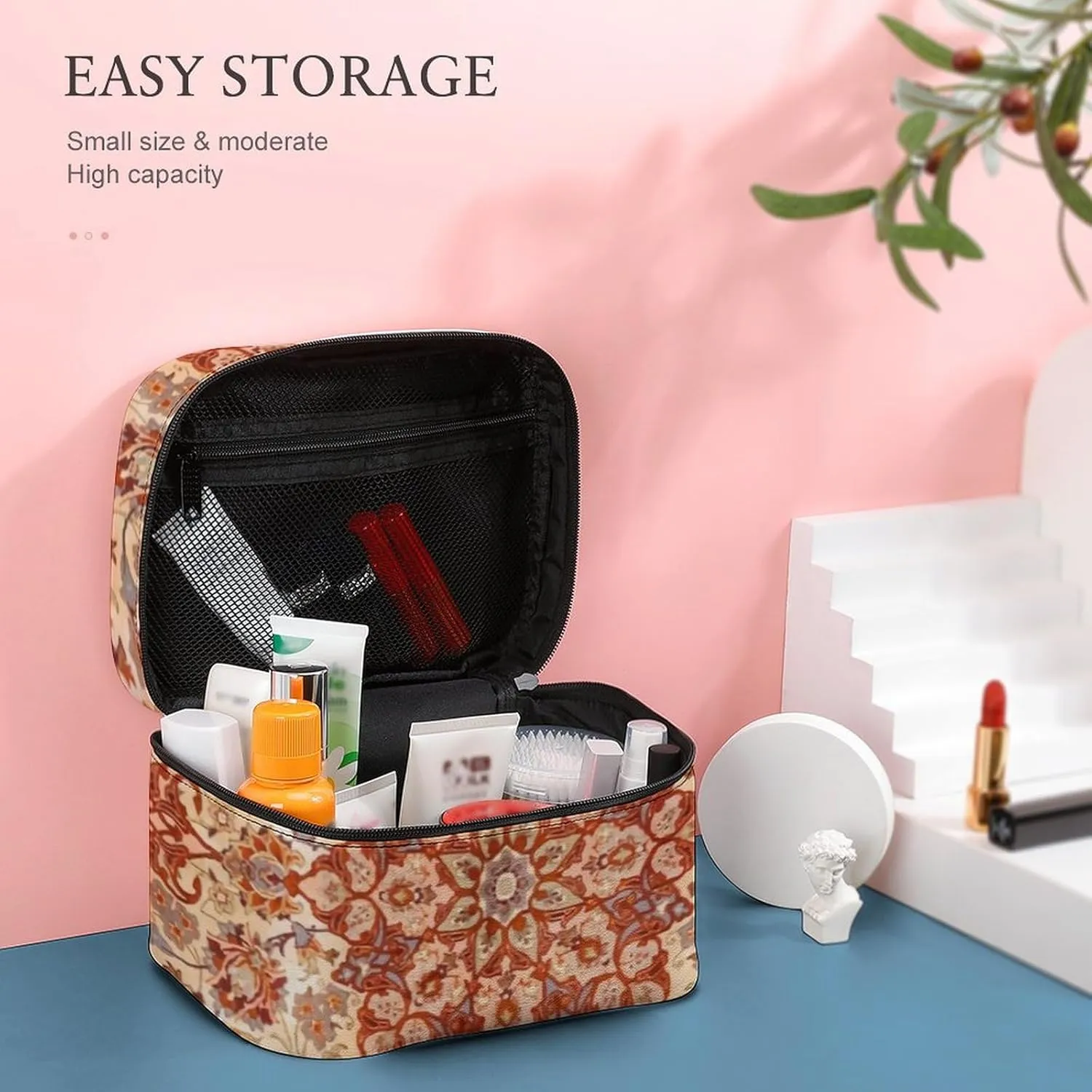 Persia Muted Cream Blush Tan Portable Large Capacity Portable Makeup Bag with Zipper