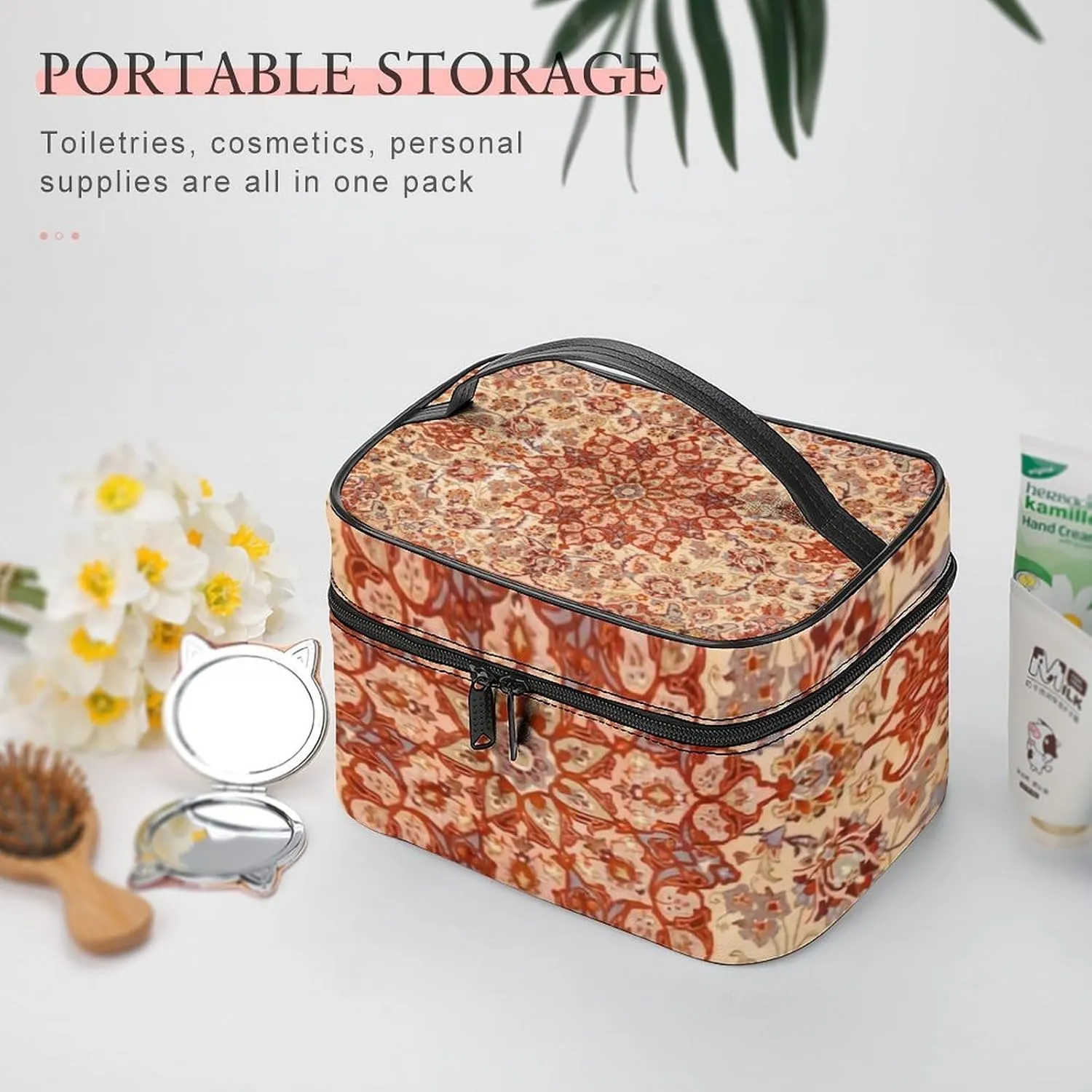 Persia Muted Cream Blush Tan Portable Large Capacity Portable Makeup Bag with Zipper