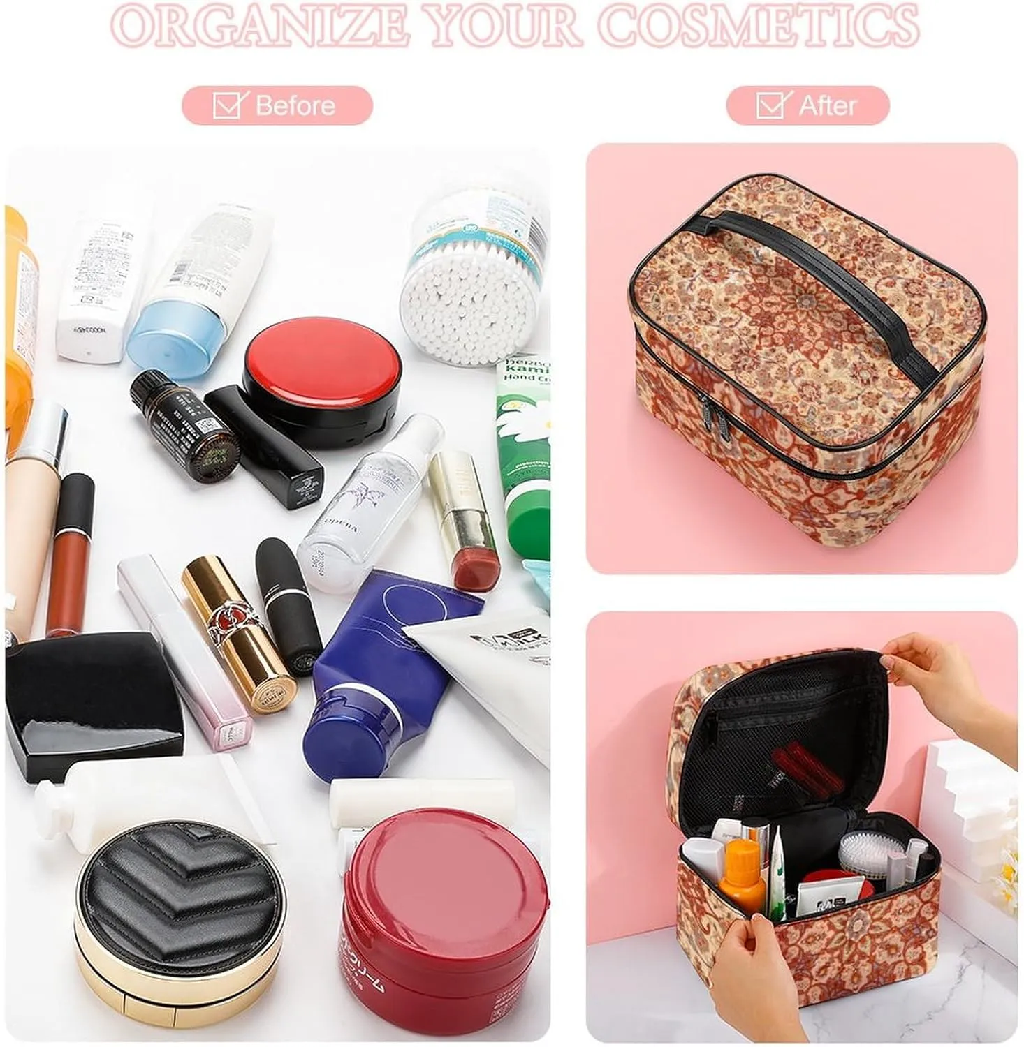 Persia Muted Cream Blush Tan Portable Large Capacity Portable Makeup Bag with Zipper