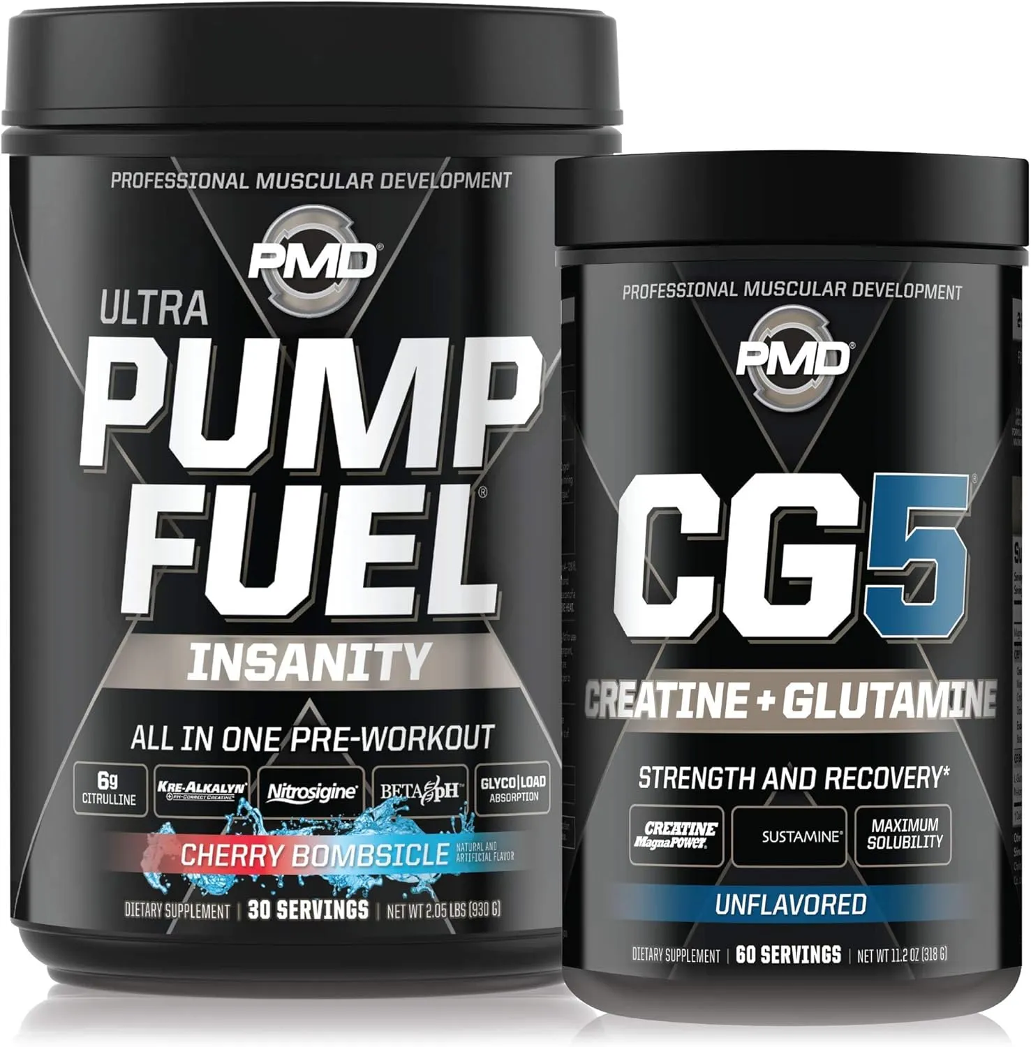 PMD Sports Ultra Pump Fuel Insanity - Pre Workout – Cherry Bombsicle (30 Servings) Sports CG5 Premium Creatine and L-Glutamine Powder (60 Servings)