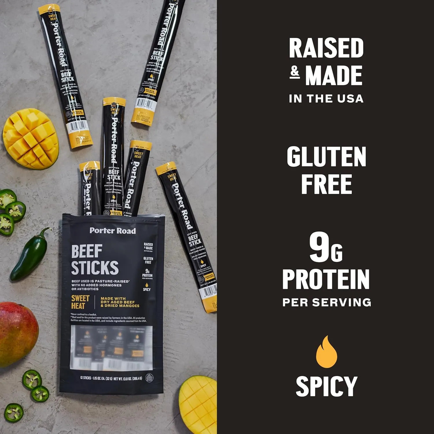 Porter Road Beef Sticks - Sweet Heat Meat Sticks - Dry Aged Beef Jerky Sticks Meat Snack, Pasture Raised In USA, Hormone Free, No Antibiotics, Keto, Paleo, Gluten Free, 9g Lean Protein - 12 Pack