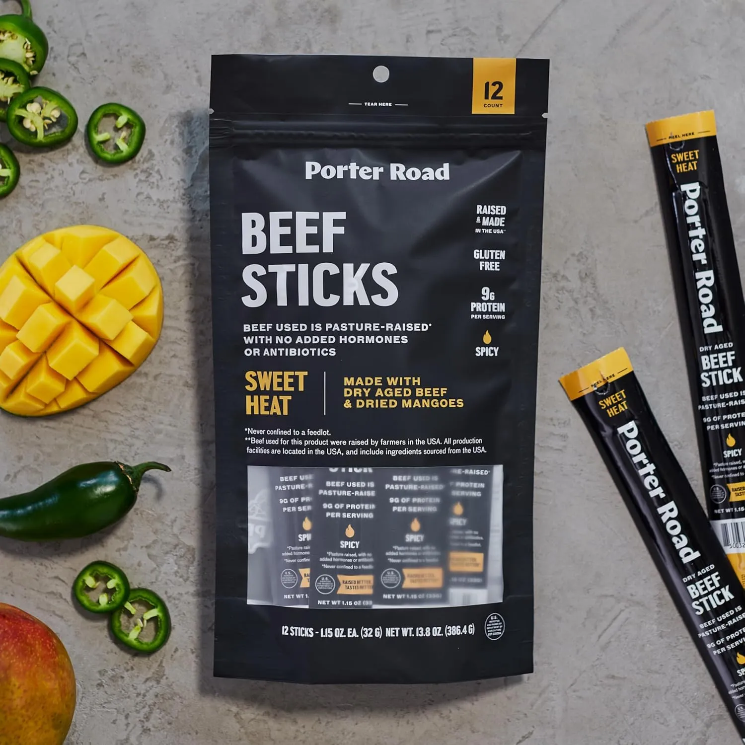 Porter Road Beef Sticks - Sweet Heat Meat Sticks - Dry Aged Beef Jerky Sticks Meat Snack, Pasture Raised In USA, Hormone Free, No Antibiotics, Keto, Paleo, Gluten Free, 9g Lean Protein - 12 Pack