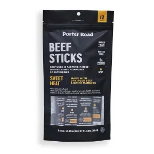 Porter Road Beef Sticks - Sweet Heat Meat Sticks - Dry Aged Beef Jerky Sticks Meat Snack, Pasture Raised In USA, Hormone Free, No Antibiotics, Keto, Paleo, Gluten Free, 9g Lean Protein - 12 Pack