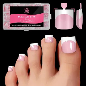 Press On Toenails for Women French Tips, Sharp Square Pre-applied Primer & Base Coat Toe Nail Press Ons Baby Pink Full Cover Fake Nail Tips Extension 15 Sizes 270 Pcs, Builder Gel & Top Coat Required